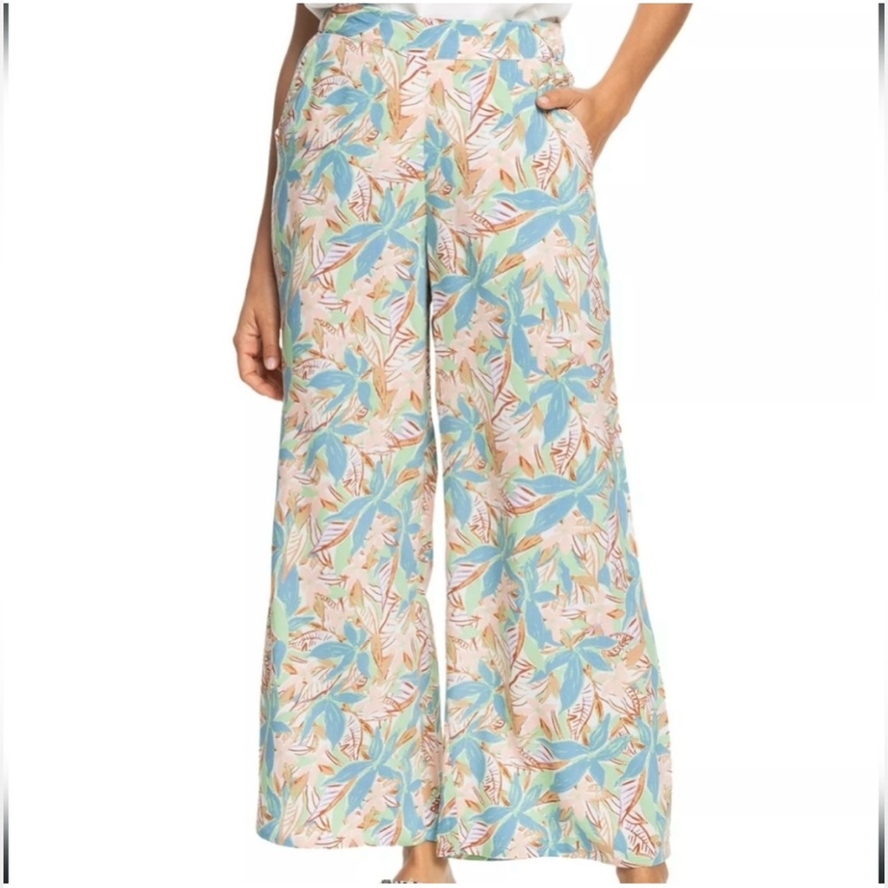 Wide-Leg Tropical Print Pants - Blue & Cream